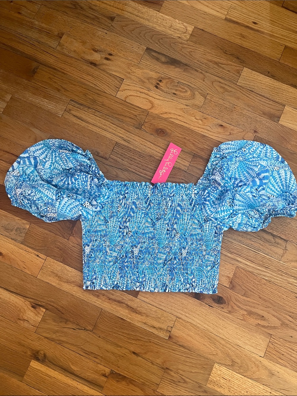 Lilly Pulitzer Blue Puff-Sleeve Smocked Crop Top